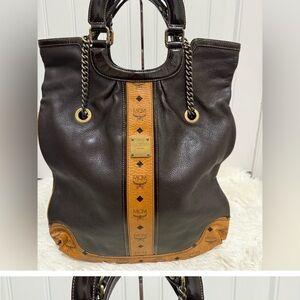 MCM Brown and Tan Leather Tote with Structured Design